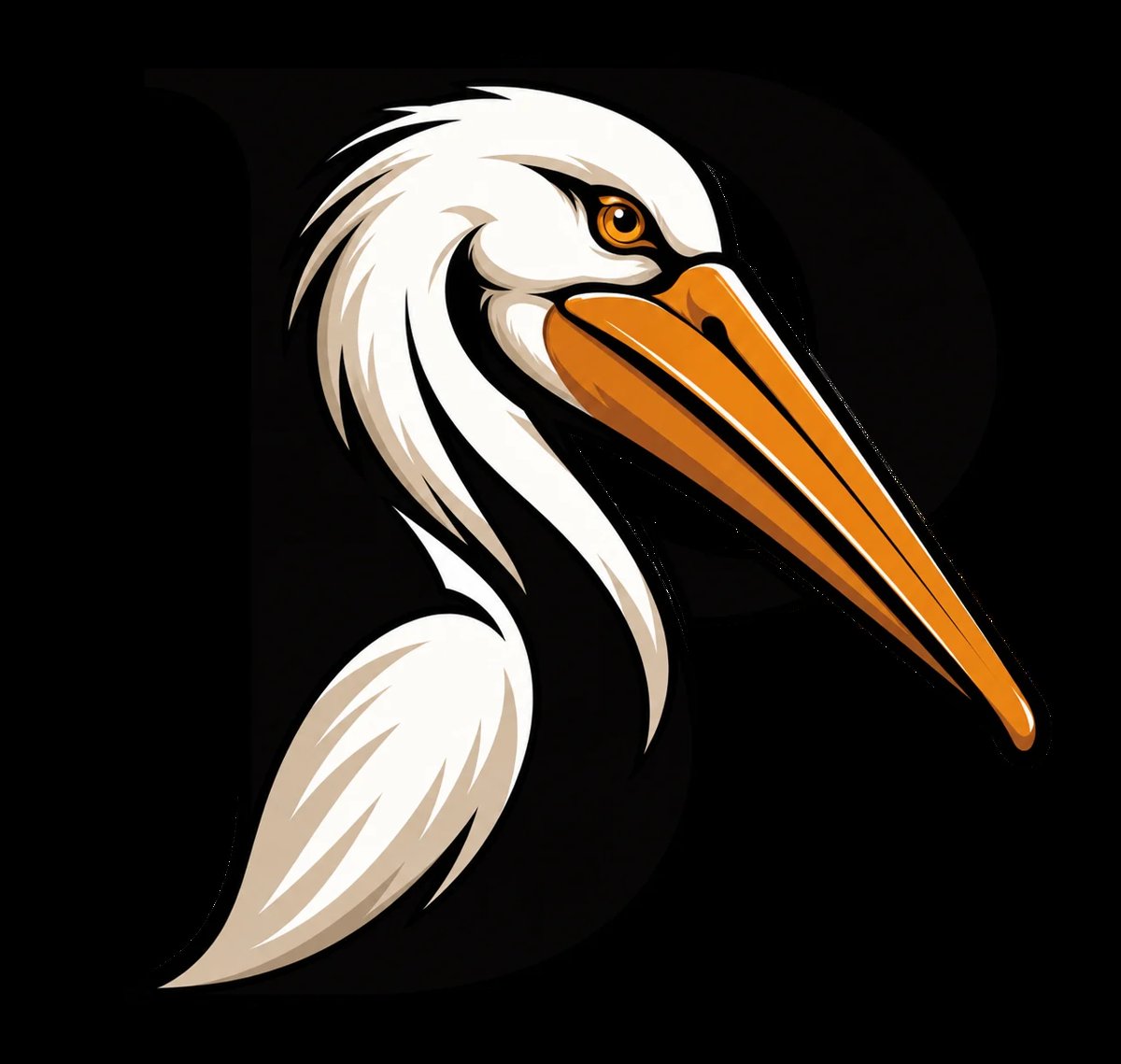 Illustration of a white pelican with orange beak and eye, depicted in profile on black background
